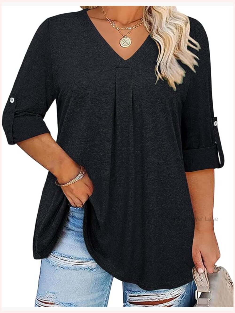 Plus Size 3/4 Sleeve V Neck Tunic Blouse Loose Fit